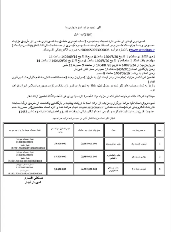 آگهی مزایده اجاره واحد‌های تجاری 